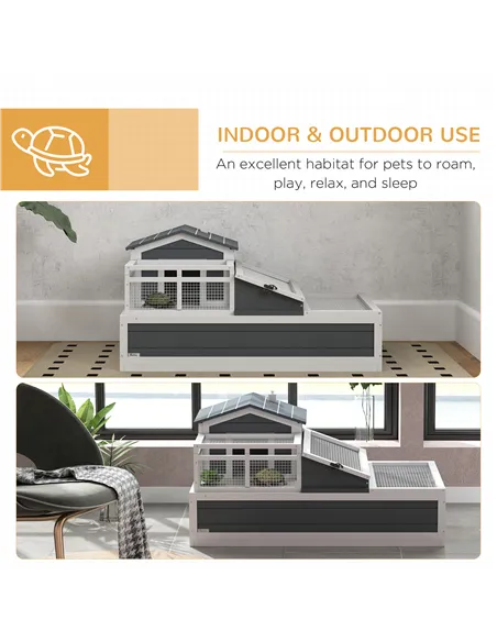 PawHut Tortoise House 3-Room with 2 Stories, Ladder, Balcony, Tray, Openable Roof, 59H x 112L x 65Wcm, Grey