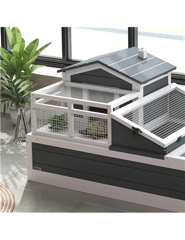 PawHut Tortoise House 3-Room with 2 Stories, Ladder, Balcony, Tray, Openable Roof, 59H x 112L x 65Wcm, Grey