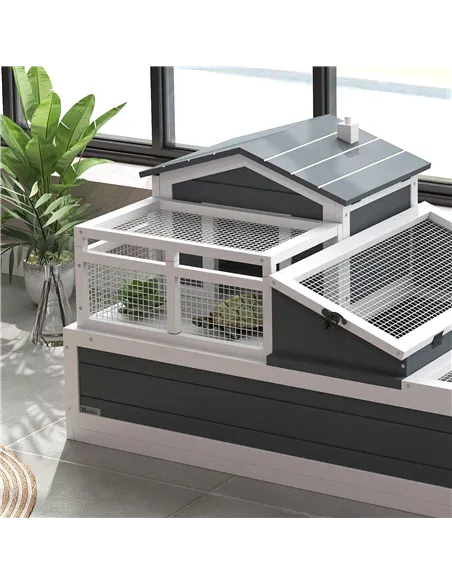 PawHut Tortoise House 3-Room with 2 Stories, Ladder, Balcony, Tray, Openable Roof, 59H x 112L x 65Wcm, Grey