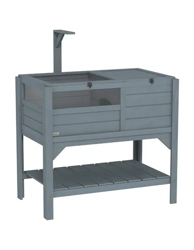 PawHut Wooden Tortoise House, with Shelter, Run, Shelf, Lamp Holder, Tray, Grey