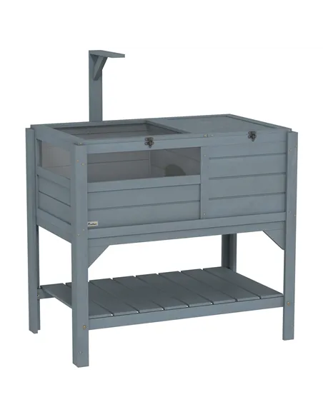 PawHut Wooden Tortoise House, with Shelter, Run, Shelf, Lamp Holder, Tray, Grey