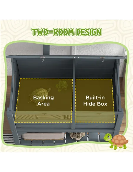 PawHut Wooden Tortoise House, with Shelter, Run, Shelf, Lamp Holder, Tray, Grey