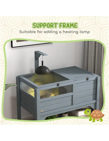 PawHut Wooden Tortoise House, with Shelter, Run, Shelf, Lamp Holder, Tray, Grey