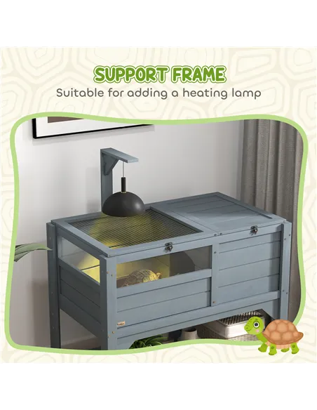 PawHut Wooden Tortoise House, with Shelter, Run, Shelf, Lamp Holder, Tray, Grey