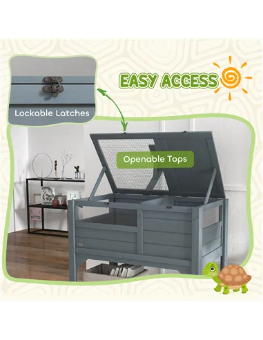 PawHut Wooden Tortoise House, with Shelter, Run, Shelf, Lamp Holder, Tray, Grey