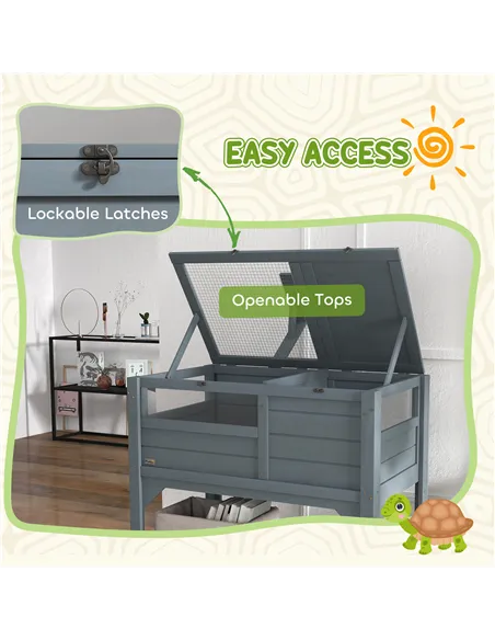 PawHut Wooden Tortoise House, with Shelter, Run, Shelf, Lamp Holder, Tray, Grey