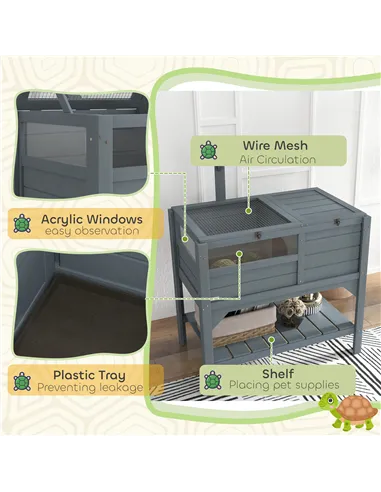 PawHut Wooden Tortoise House, with Shelter, Run, Shelf, Lamp Holder, Tray, Grey
