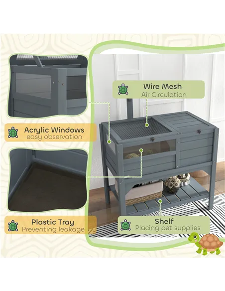 PawHut Wooden Tortoise House, with Shelter, Run, Shelf, Lamp Holder, Tray, Grey