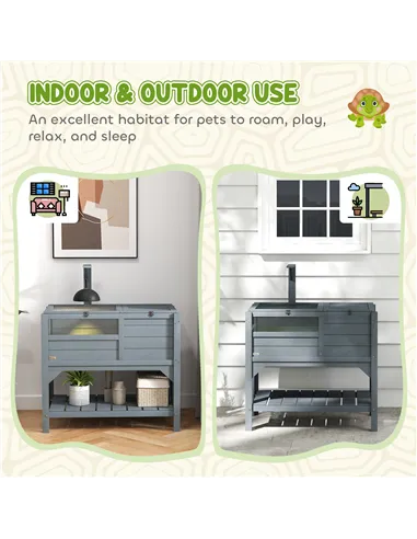 PawHut Wooden Tortoise House, with Shelter, Run, Shelf, Lamp Holder, Tray, Grey