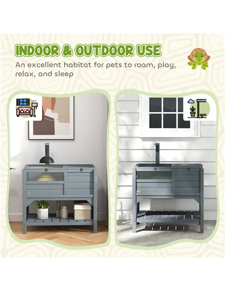 PawHut Wooden Tortoise House, with Shelter, Run, Shelf, Lamp Holder, Tray, Grey