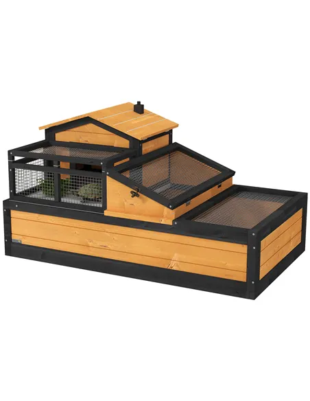 PawHut Wooden Tortoise House with Balcony, Tray, Roof, for Indoor and Outdoor, Yellow