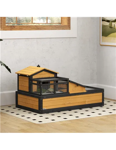PawHut Wooden Tortoise House with Balcony, Tray, Roof, for Indoor and Outdoor, Yellow