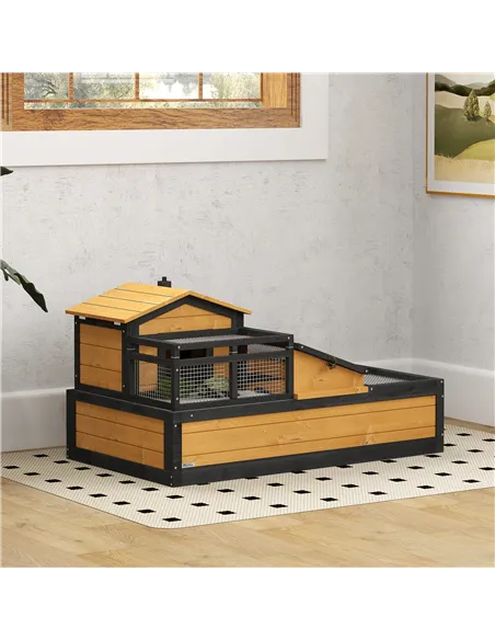 PawHut Wooden Tortoise House with Balcony, Tray, Roof, for Indoor and Outdoor, Yellow