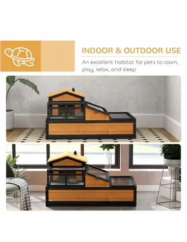 PawHut Wooden Tortoise House with Balcony, Tray, Roof, for Indoor and Outdoor, Yellow