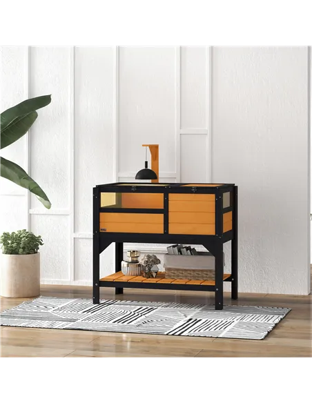 PawHut Wooden Tortoise House, with Shelter, Run, Shelf, Lamp Holder, Tray, Yellow