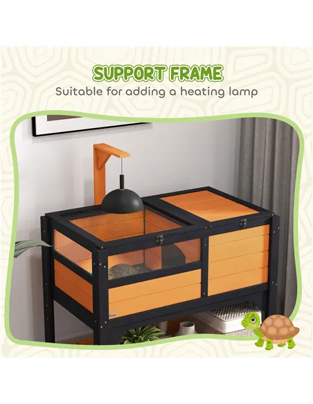PawHut Wooden Tortoise House, with Shelter, Run, Shelf, Lamp Holder, Tray, Yellow