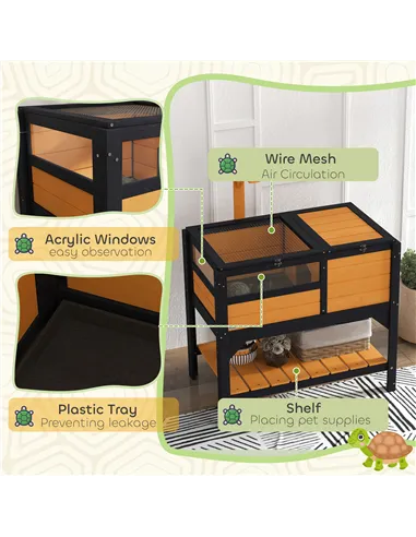 PawHut Wooden Tortoise House, with Shelter, Run, Shelf, Lamp Holder, Tray, Yellow