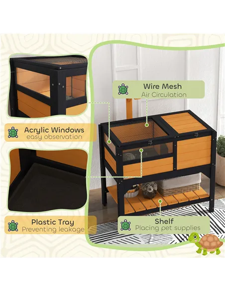 PawHut Wooden Tortoise House, with Shelter, Run, Shelf, Lamp Holder, Tray, Yellow
