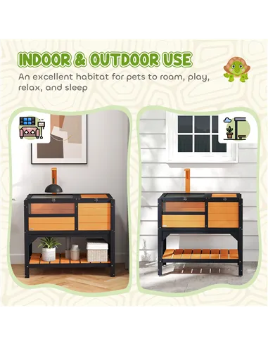 PawHut Wooden Tortoise House, with Shelter, Run, Shelf, Lamp Holder, Tray, Yellow