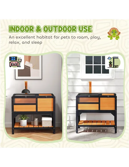 PawHut Wooden Tortoise House, with Shelter, Run, Shelf, Lamp Holder, Tray, Yellow