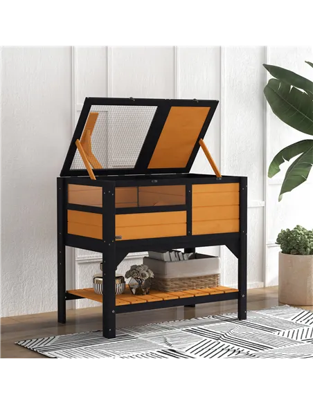 PawHut Wooden Tortoise House, with Shelter, Run, Shelf, Lamp Holder, Tray, Yellow