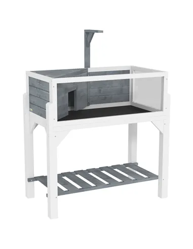 PawHut Wooden Tortoise House with Storage Shelf, Clear Observation Windows, Lamp Holder, Openable Top, Built-in Tray, Grey