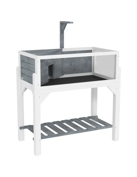 PawHut Wooden Tortoise House with Storage Shelf, Clear Observation Windows, Lamp Holder, Openable Top, Built-in Tray, Grey