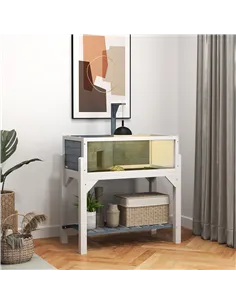 PawHut Wooden Tortoise House with Storage Shelf, Clear Observation Windows, Lamp Holder, Openable Top, Built-in Tray, Grey 2