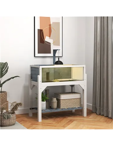 PawHut Wooden Tortoise House with Storage Shelf, Clear Observation Windows, Lamp Holder, Openable Top, Built-in Tray, Grey