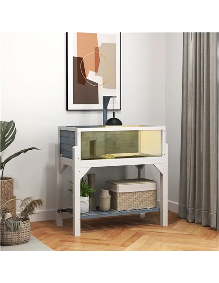 PawHut Wooden Tortoise House with Storage Shelf, Clear Observation Windows, Lamp Holder, Openable Top, Built-in Tray, Grey