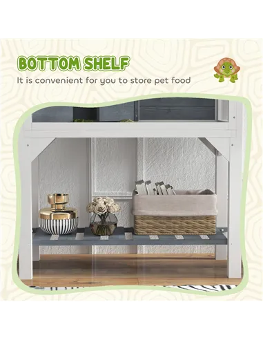 PawHut Wooden Tortoise House with Storage Shelf, Clear Observation Windows, Lamp Holder, Openable Top, Built-in Tray, Grey