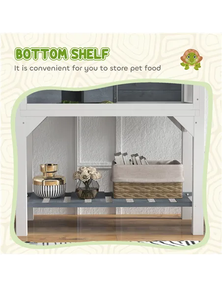 PawHut Wooden Tortoise House with Storage Shelf, Clear Observation Windows, Lamp Holder, Openable Top, Built-in Tray, Grey