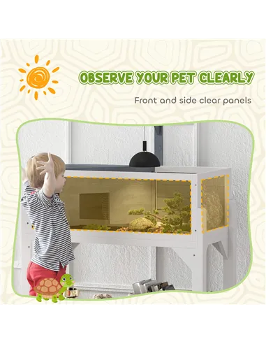 PawHut Wooden Tortoise House with Storage Shelf, Clear Observation Windows, Lamp Holder, Openable Top, Built-in Tray, Grey