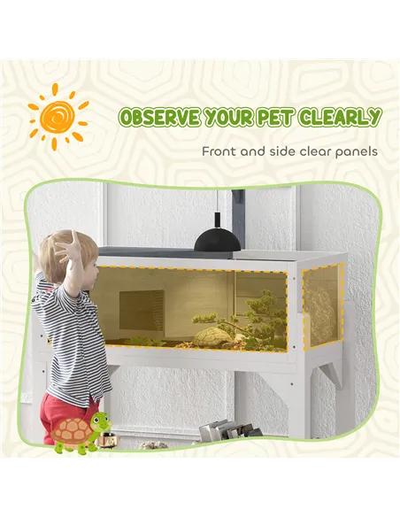 PawHut Wooden Tortoise House with Storage Shelf, Clear Observation Windows, Lamp Holder, Openable Top, Built-in Tray, Grey