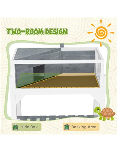 PawHut Wooden Tortoise House with Storage Shelf, Clear Observation Windows, Lamp Holder, Openable Top, Built-in Tray, Grey