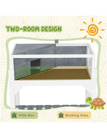 PawHut Wooden Tortoise House with Storage Shelf, Clear Observation Windows, Lamp Holder, Openable Top, Built-in Tray, Grey