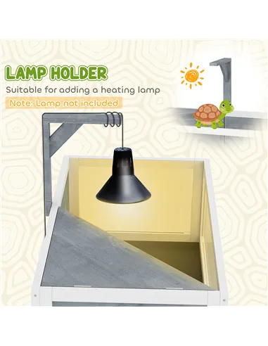 PawHut Wooden Tortoise House with Storage Shelf, Clear Observation Windows, Lamp Holder, Openable Top, Built-in Tray, Grey