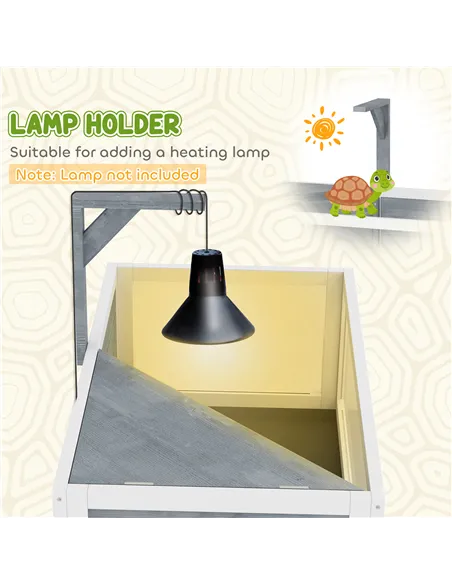 PawHut Wooden Tortoise House with Storage Shelf, Clear Observation Windows, Lamp Holder, Openable Top, Built-in Tray, Grey
