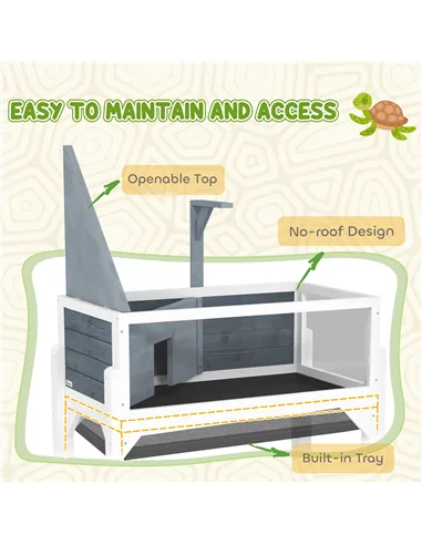 PawHut Wooden Tortoise House with Storage Shelf, Clear Observation Windows, Lamp Holder, Openable Top, Built-in Tray, Grey