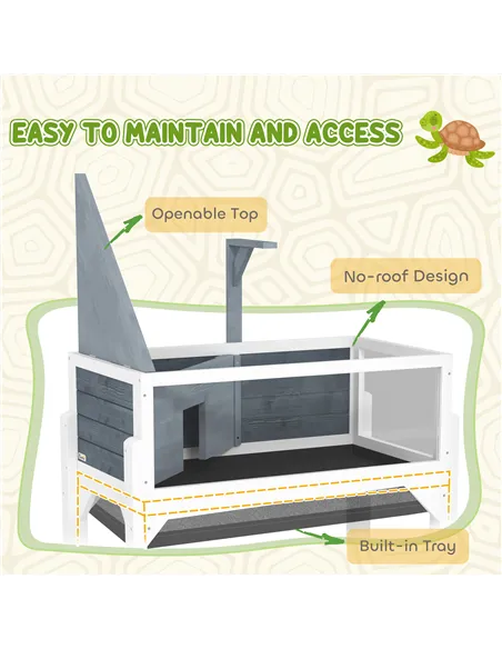 PawHut Wooden Tortoise House with Storage Shelf, Clear Observation Windows, Lamp Holder, Openable Top, Built-in Tray, Grey