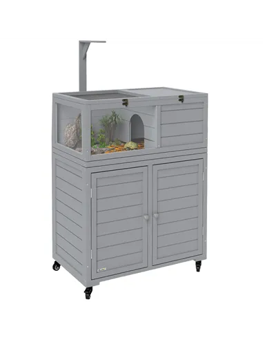 PawHut Wooden Tortoise House with Storage Cabinet, Openable Top, Lamp Holder, Windows, Light Grey