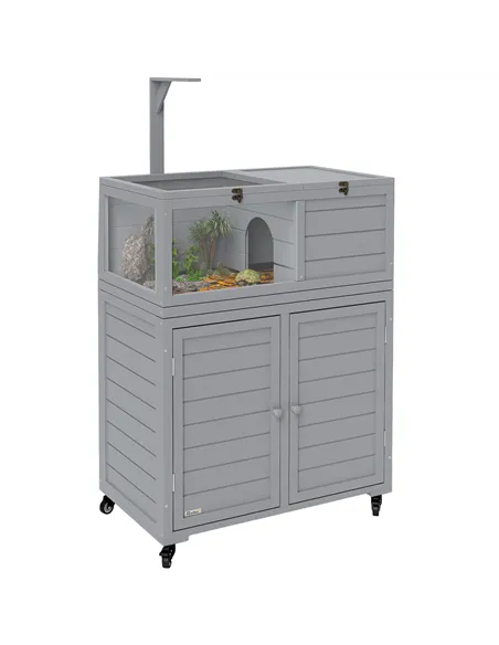 PawHut Wooden Tortoise House with Storage Cabinet, Openable Top, Lamp Holder, Windows, Light Grey