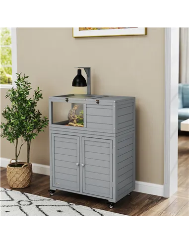 PawHut Wooden Tortoise House with Storage Cabinet, Openable Top, Lamp Holder, Windows, Light Grey