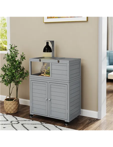PawHut Wooden Tortoise House with Storage Cabinet, Openable Top, Lamp Holder, Windows, Light Grey