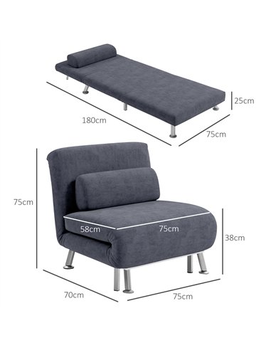 HOMCOM Single Velvet-Feel Sleeper Chair - Charcoal Grey