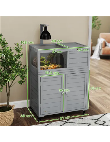PawHut Wooden Tortoise House with Storage Cabinet, Openable Top, Lamp Holder, Windows, Light Grey