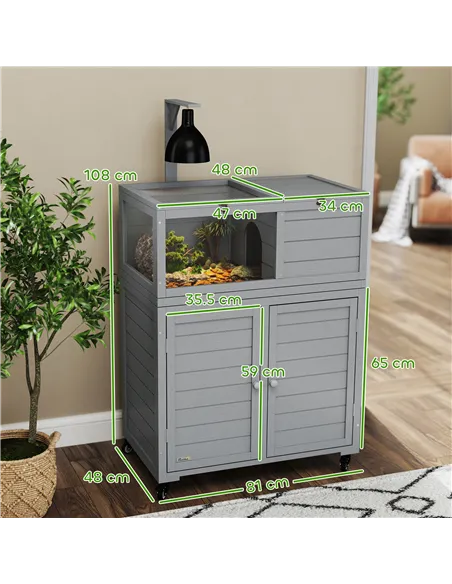 PawHut Wooden Tortoise House with Storage Cabinet, Openable Top, Lamp Holder, Windows, Light Grey