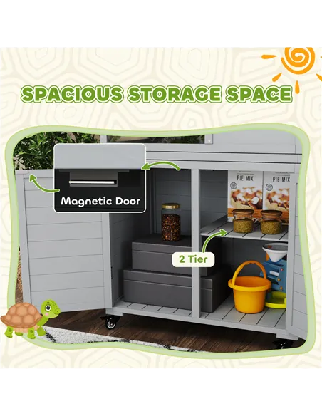 PawHut Wooden Tortoise House with Storage Cabinet, Openable Top, Lamp Holder, Windows, Light Grey