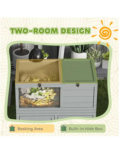 PawHut Wooden Tortoise House with Storage Cabinet, Openable Top, Lamp Holder, Windows, Light Grey