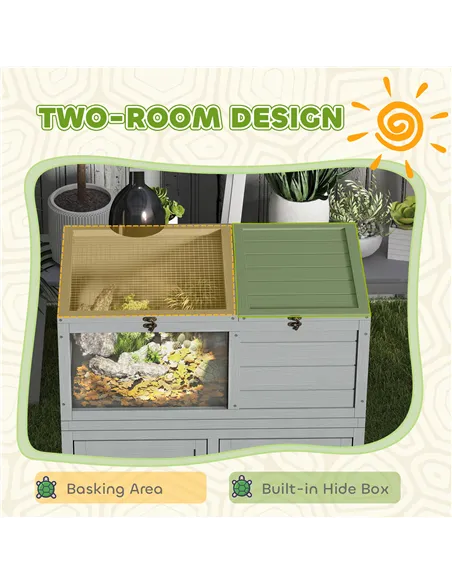PawHut Wooden Tortoise House with Storage Cabinet, Openable Top, Lamp Holder, Windows, Light Grey